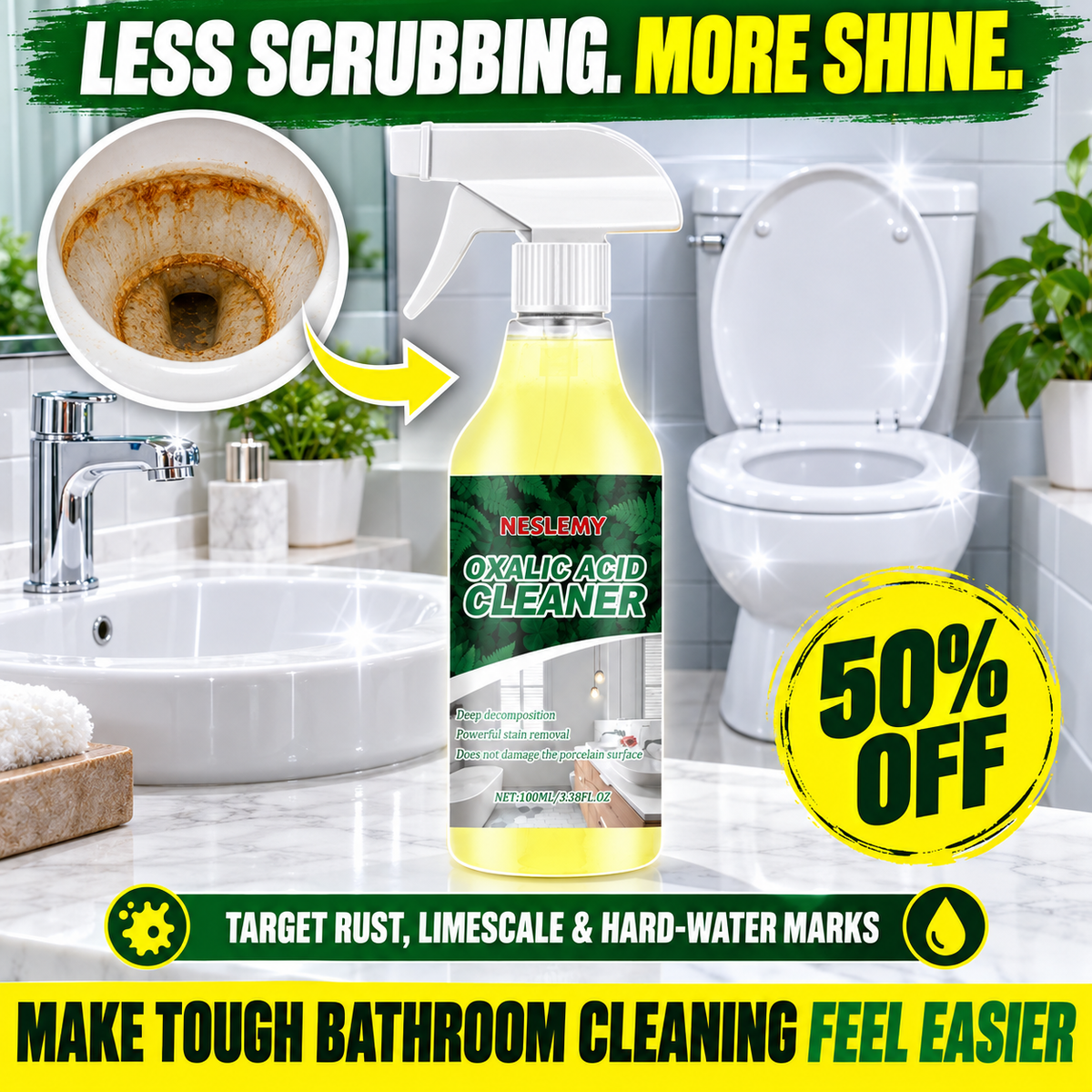 🔥NESLEMY Oxalic acid Cleaner for Tough Toilet & Sink Stains