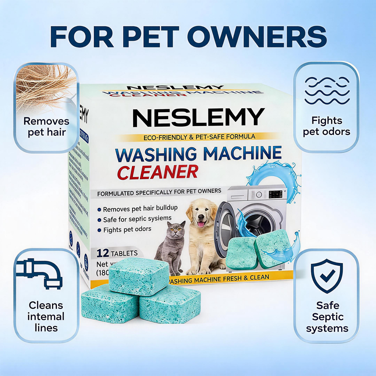 NESLEMY-Friendly Washing Machine Cleaner Tablets – Deep Clean Washer Odors, Residue & Pet Hair Buildup